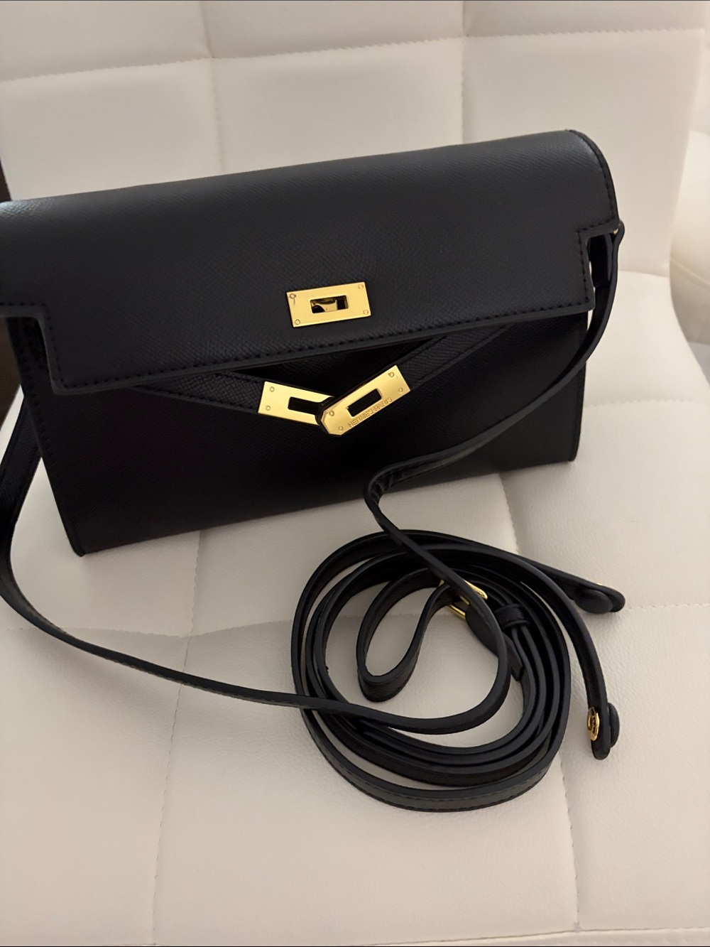 Black Leather Crossbody Bag with Gold Hardware two strap mini bag any phone fits